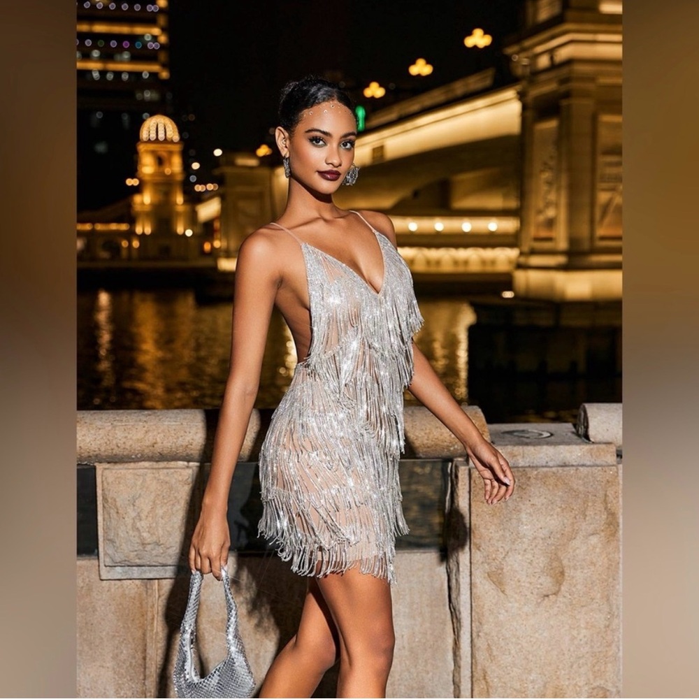 Silver Fringe Mini Dress with Spaghetti Straps — Glam Party Dress